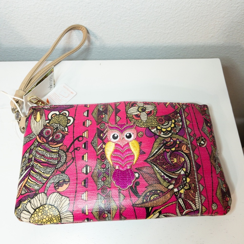 Sakroots Pink Owl & Floral Wristlet Clutch